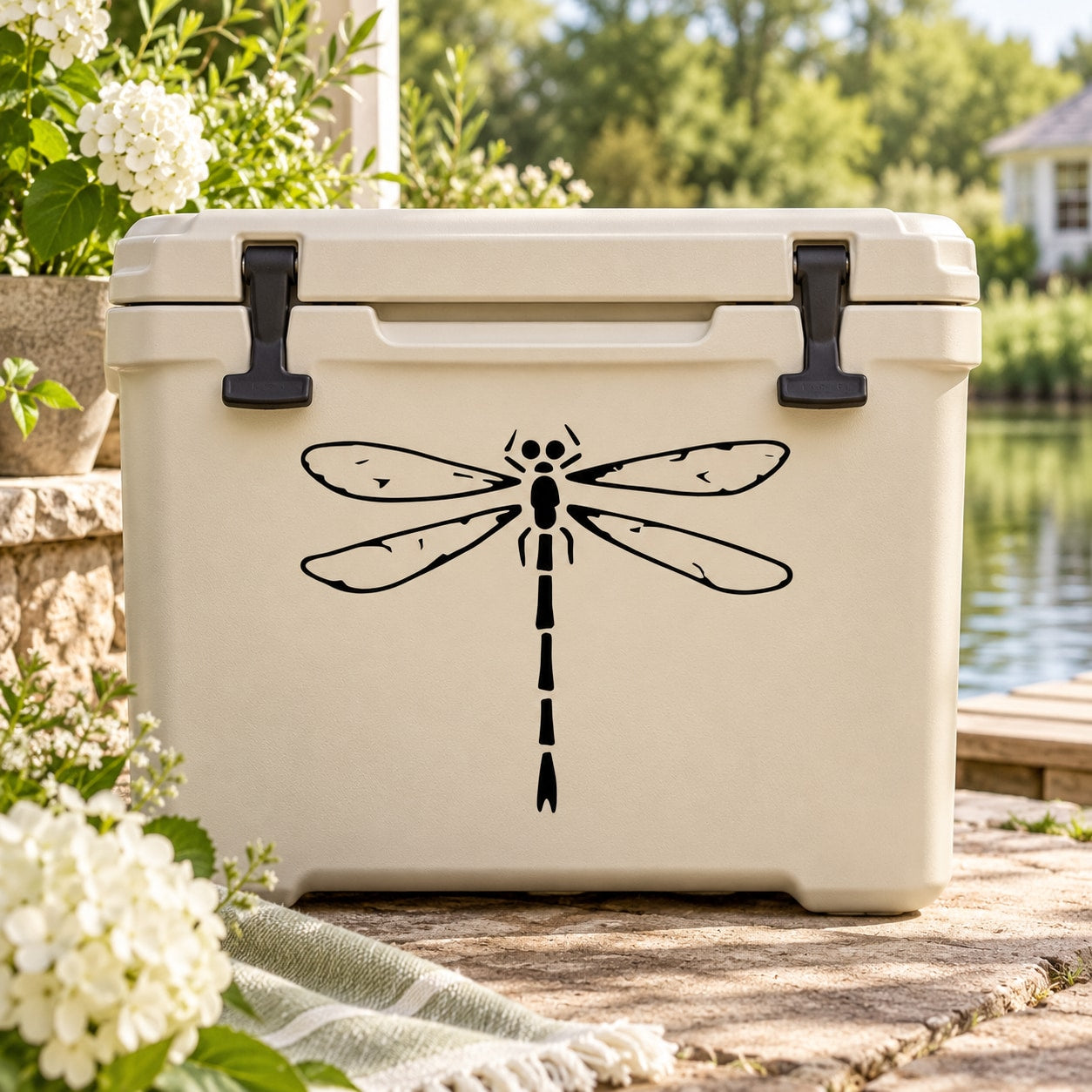 Black dragonfly decal on a cream storage cooler lid