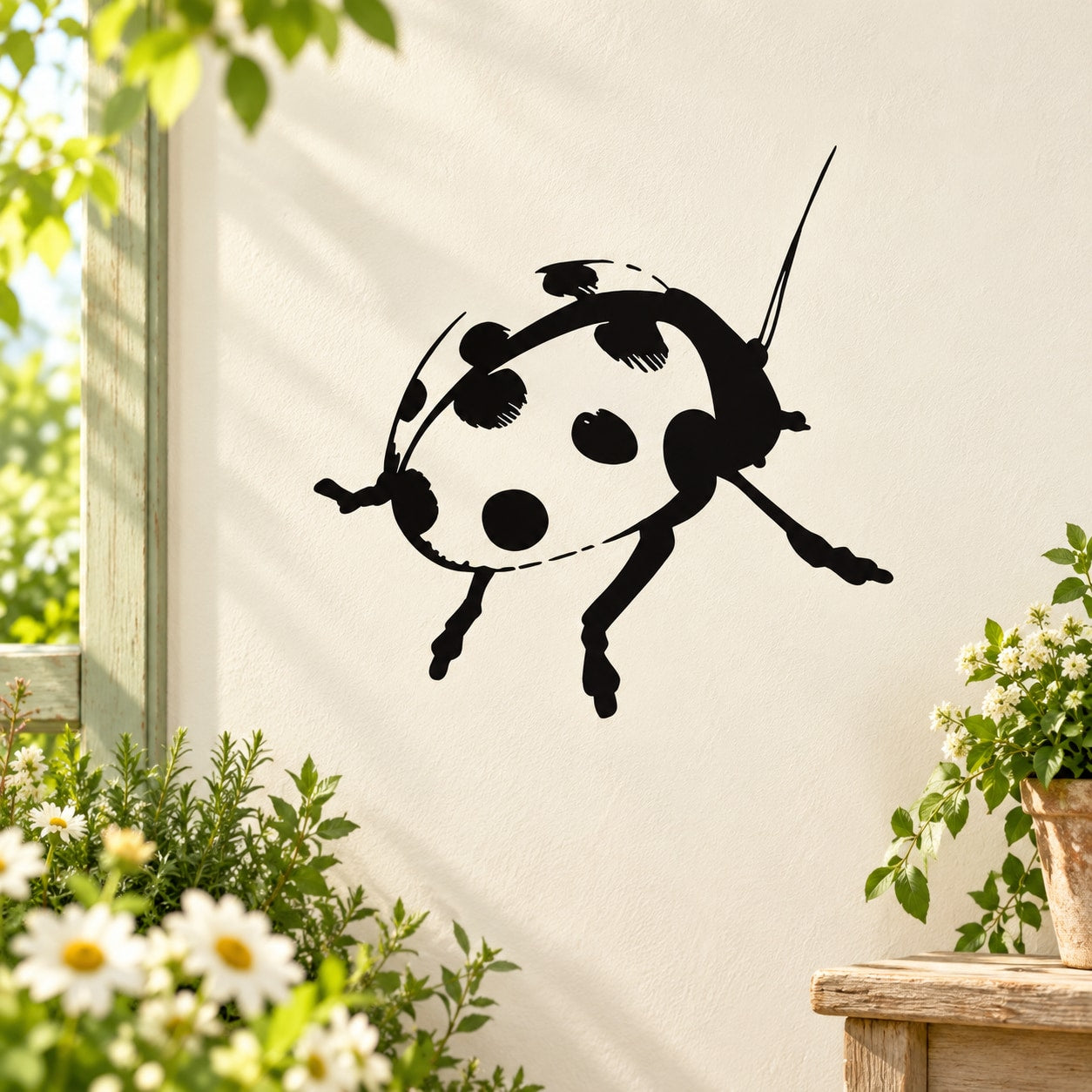 Black and white ladybug wall decal with antennae and spots, vinyl sticker