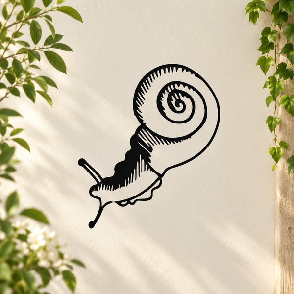 Black snail decal with spiral shell and raised antennae