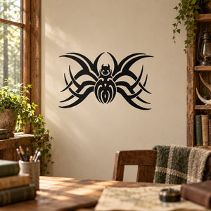 Black tribal spider wall decal with stylized eight legs and central body