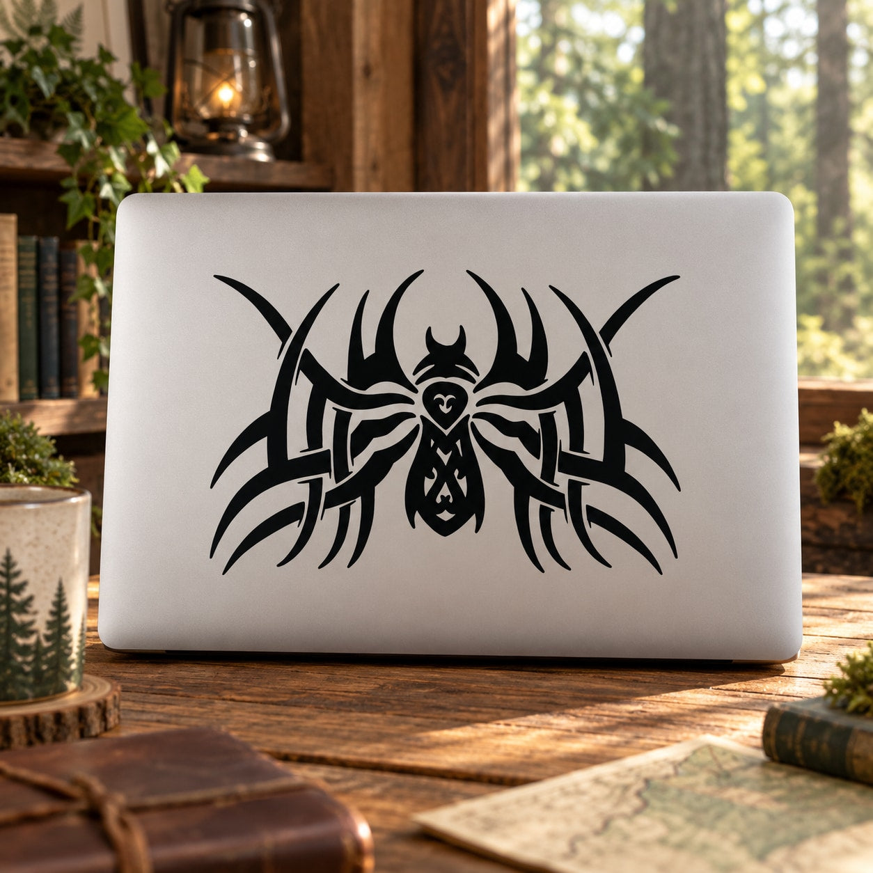 Black tribal spider web decal with stylized spider icon on a light surface
