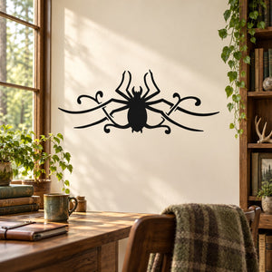 Black spread-leg spider wall decal with decorative swirls