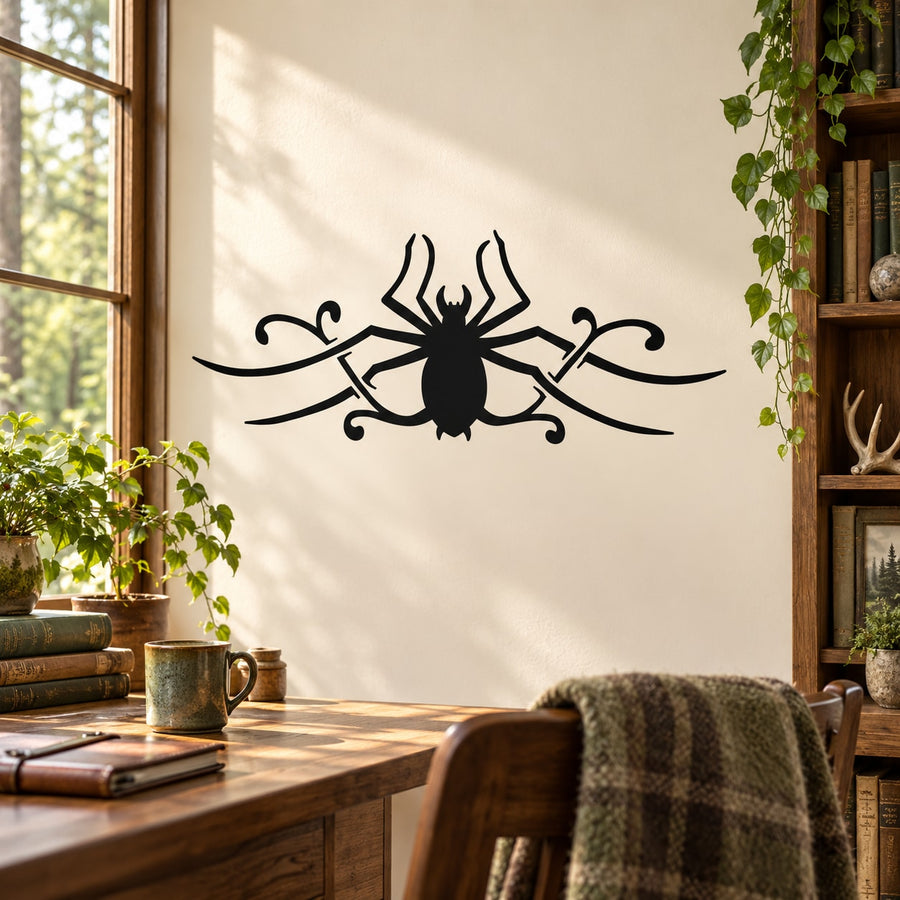 Black spread-leg spider wall decal with decorative swirls
