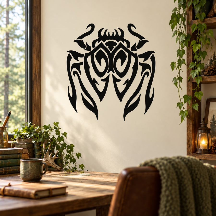 Black stylized spider web wall decal with ornate tribal design