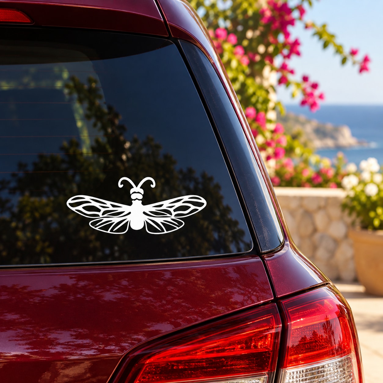 Butterfly vinyl car decal with white line-art butterfly on window
