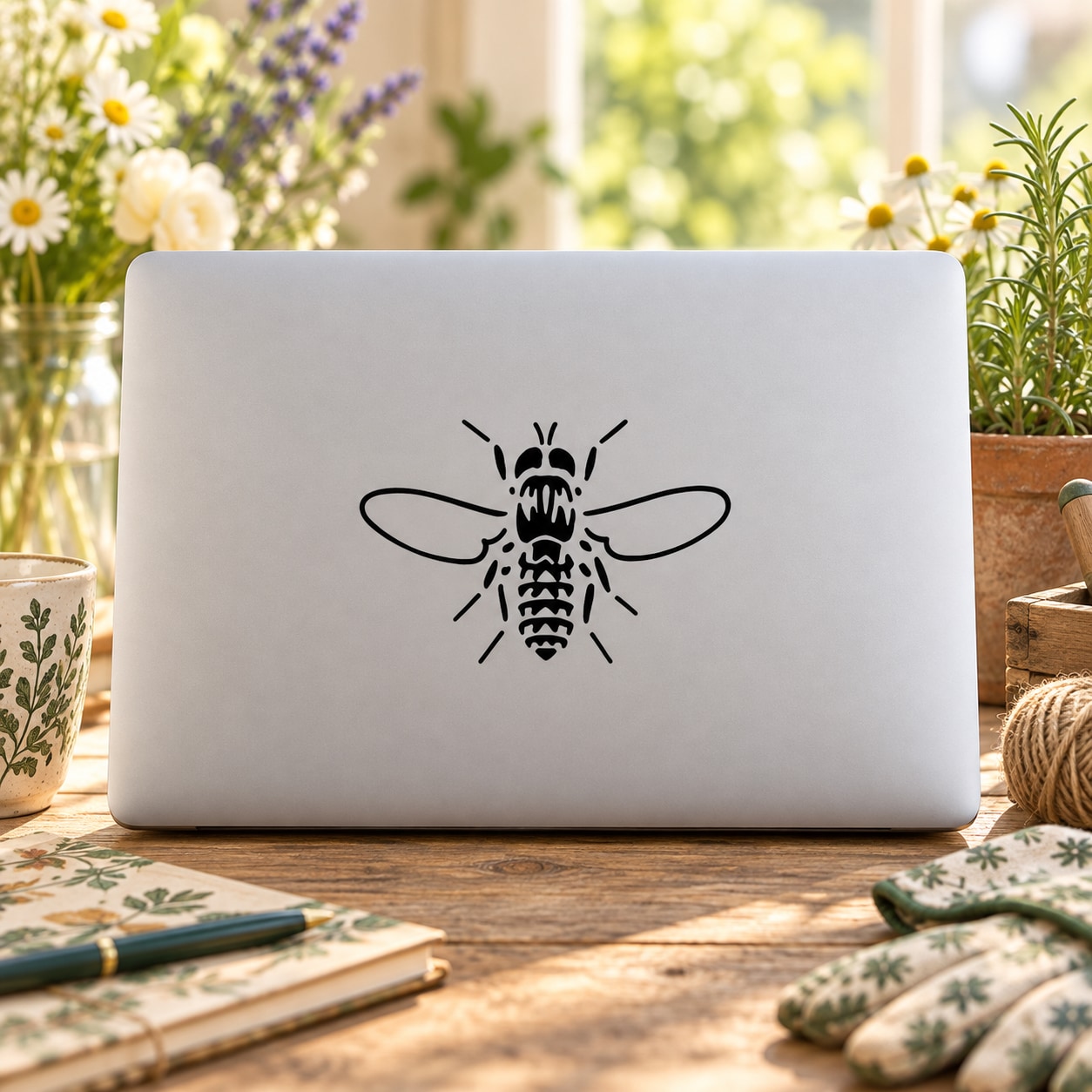 Bee decal with wings spread, black outline design on white laptop lid