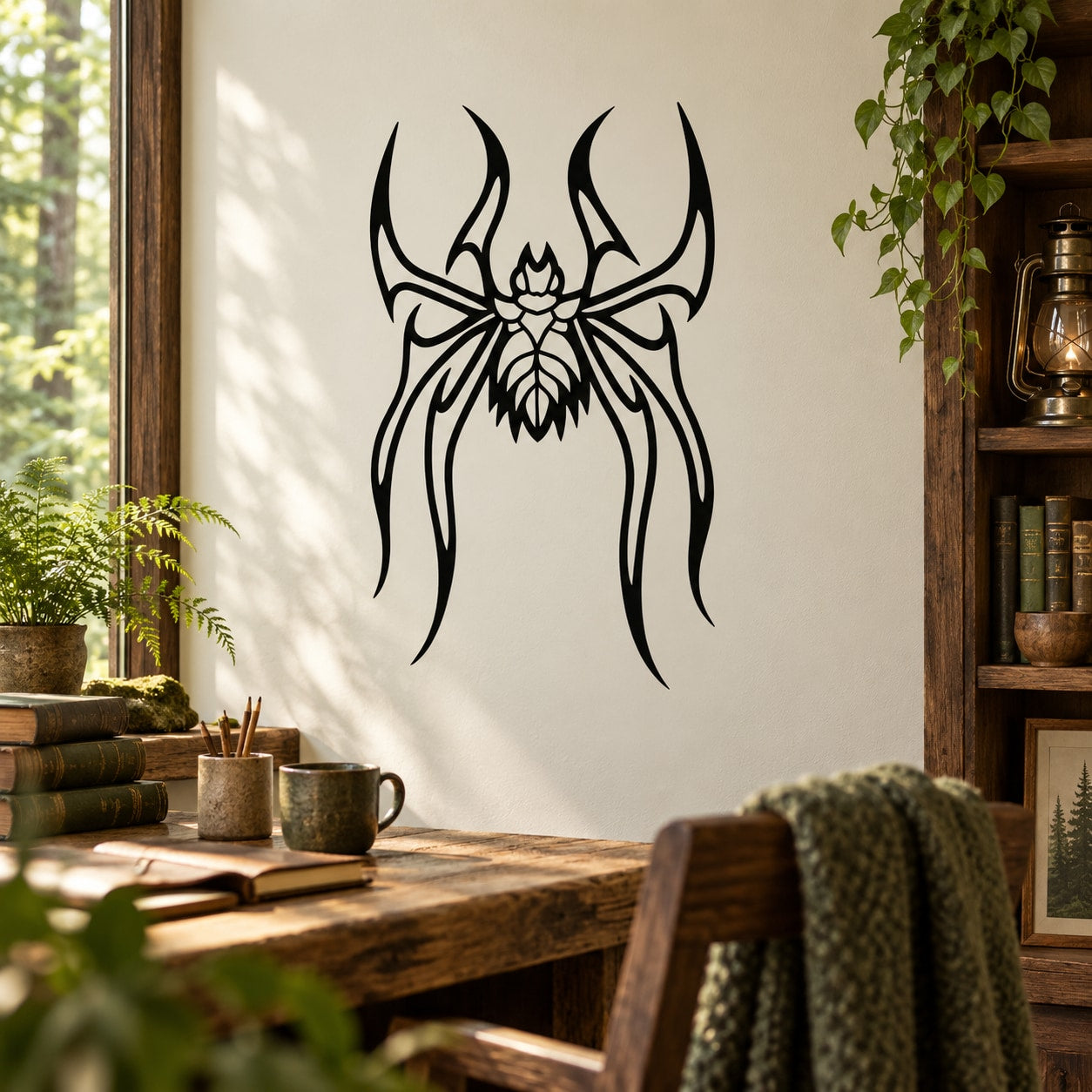Black spider web style decal with sharp legs and center emblem