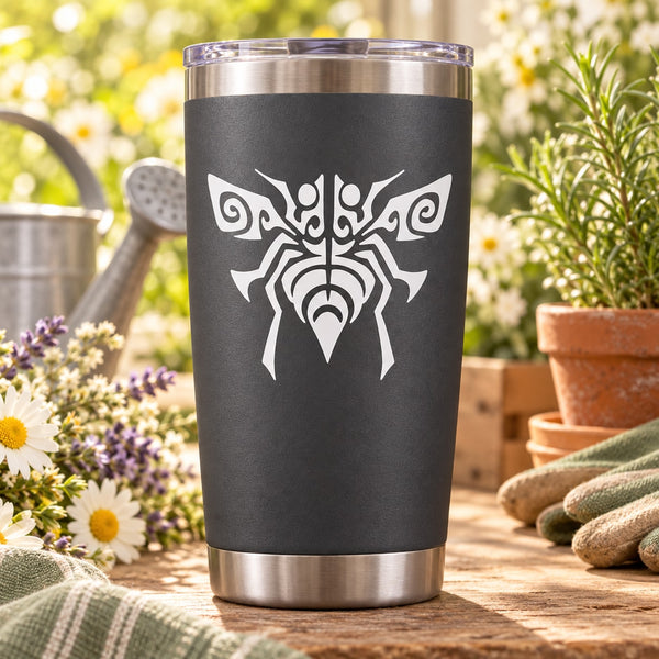 Tribal bee decal on matte black tumbler with white tribal bee spider design