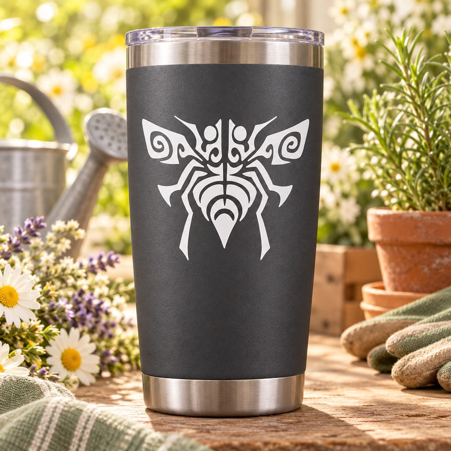 Tribal bee decal on matte black tumbler with white tribal bee spider design