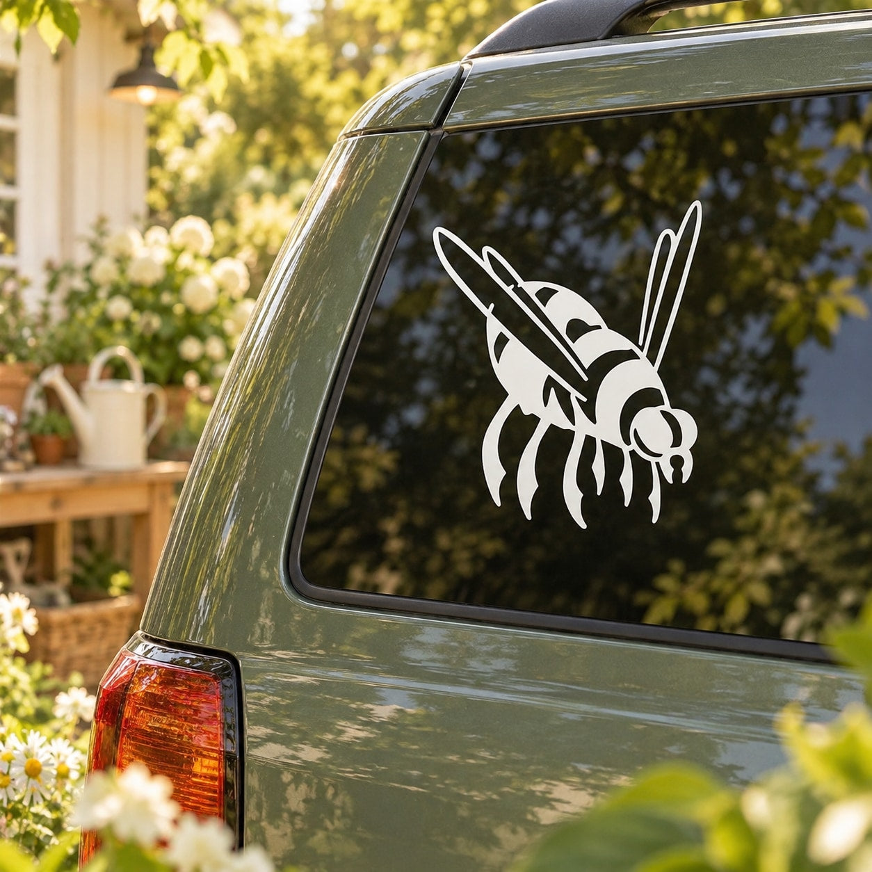 Flying honey bee decal, black bee graphic on car rear window