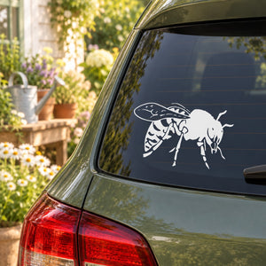 Worker bee decal in white on dark car rear window glass