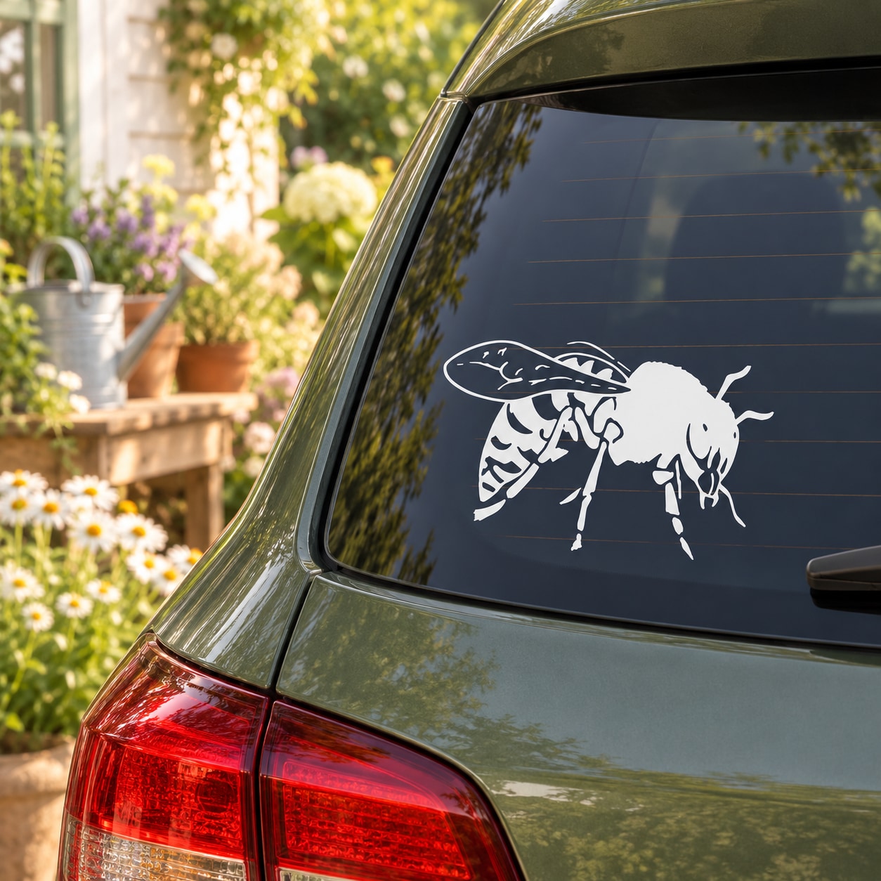 Worker bee decal in white on dark car rear window glass