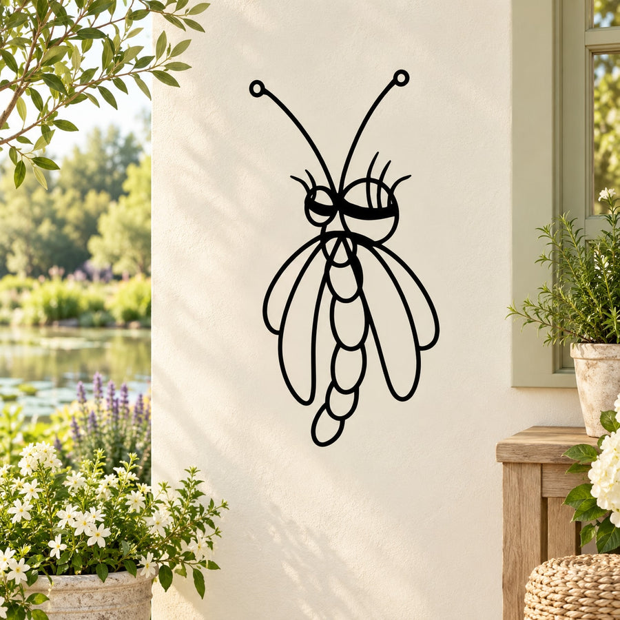 Black dragonfly wall decal with curled antennae and detailed wing outlines