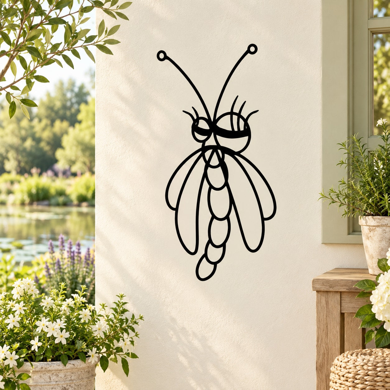Black dragonfly wall decal with curled antennae and detailed wing outlines