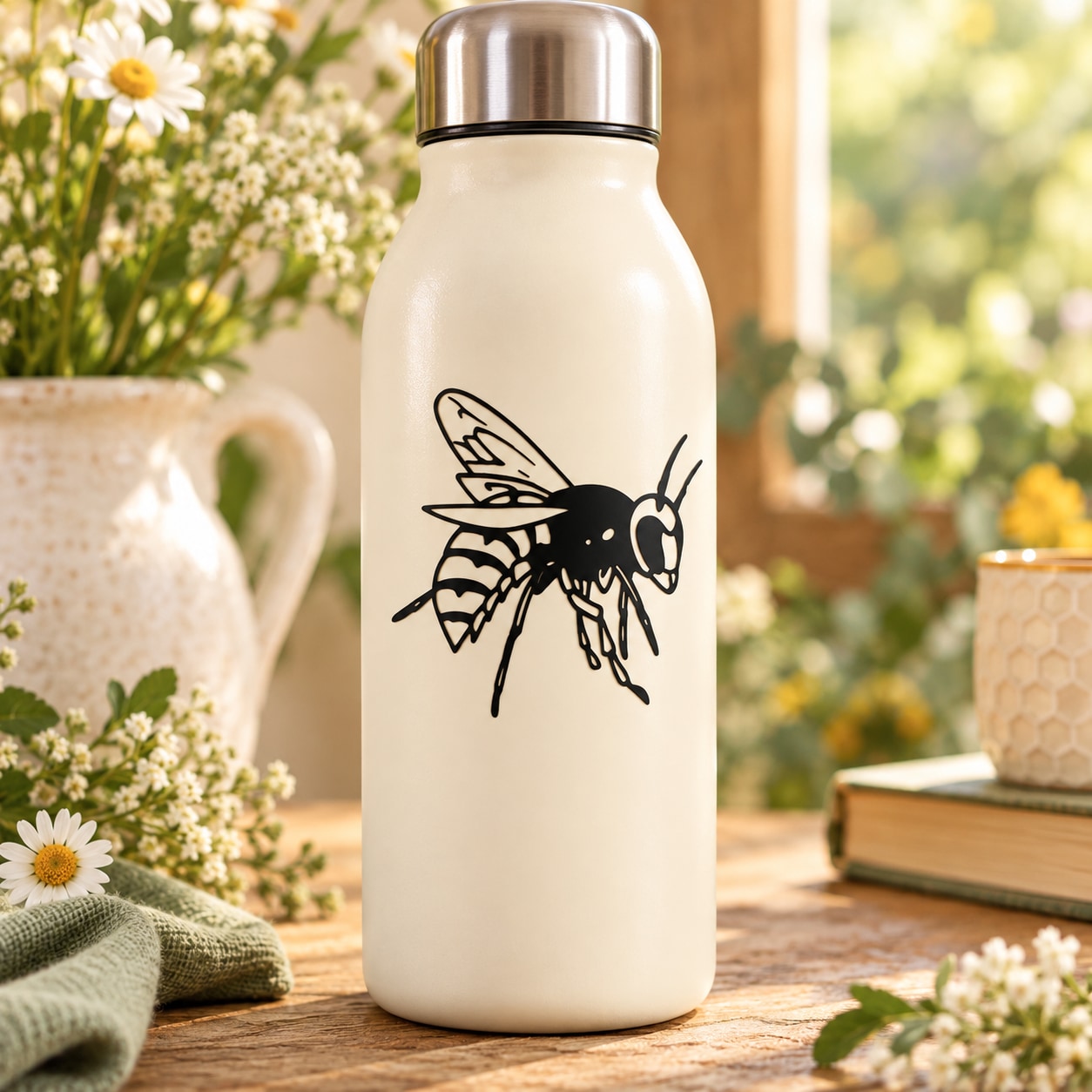 Black line-art bee decal sticker on a white bottle