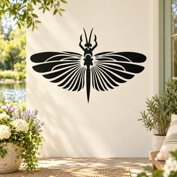 Dragonfly wing decal sticker, black symmetrical design with antenna detail on a light surface