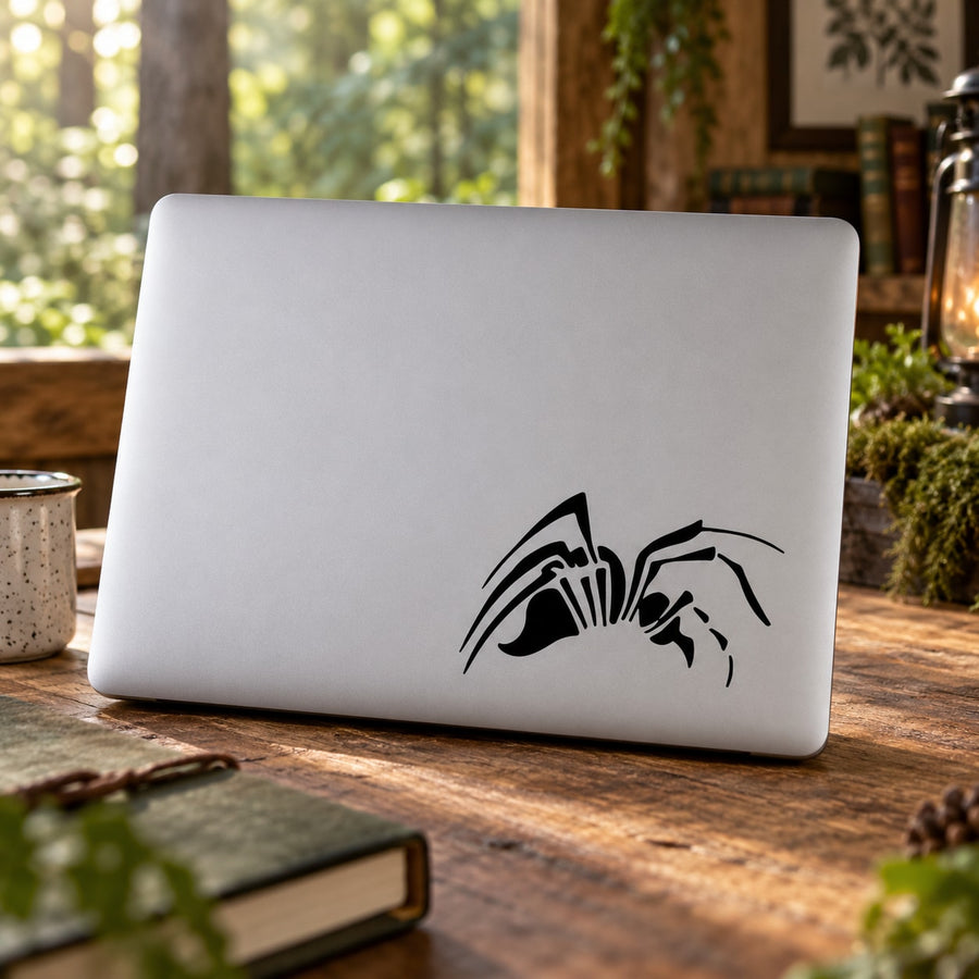 Walking spider vinyl decal, black spider crawling on a laptop lid