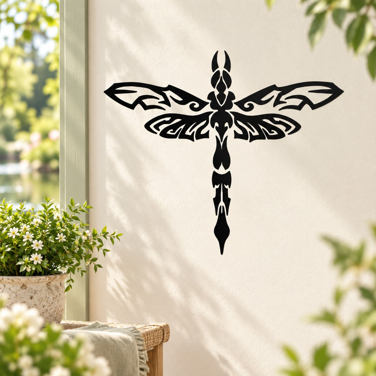 Black ornate dragonfly decal with symmetrical wings and filigree center on beige surface