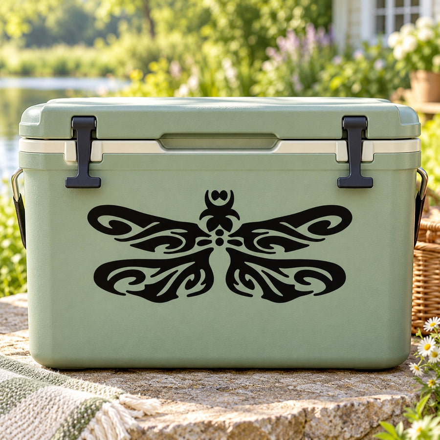 Dragonfly wings decal with black tribal-style motif on light green cooler