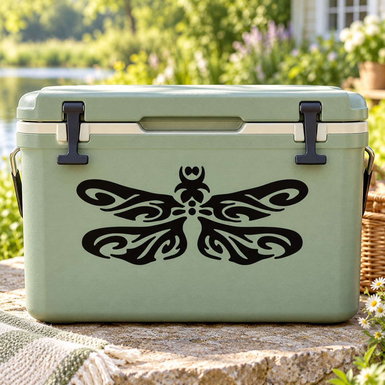 Dragonfly wings decal with black tribal-style motif on light green cooler