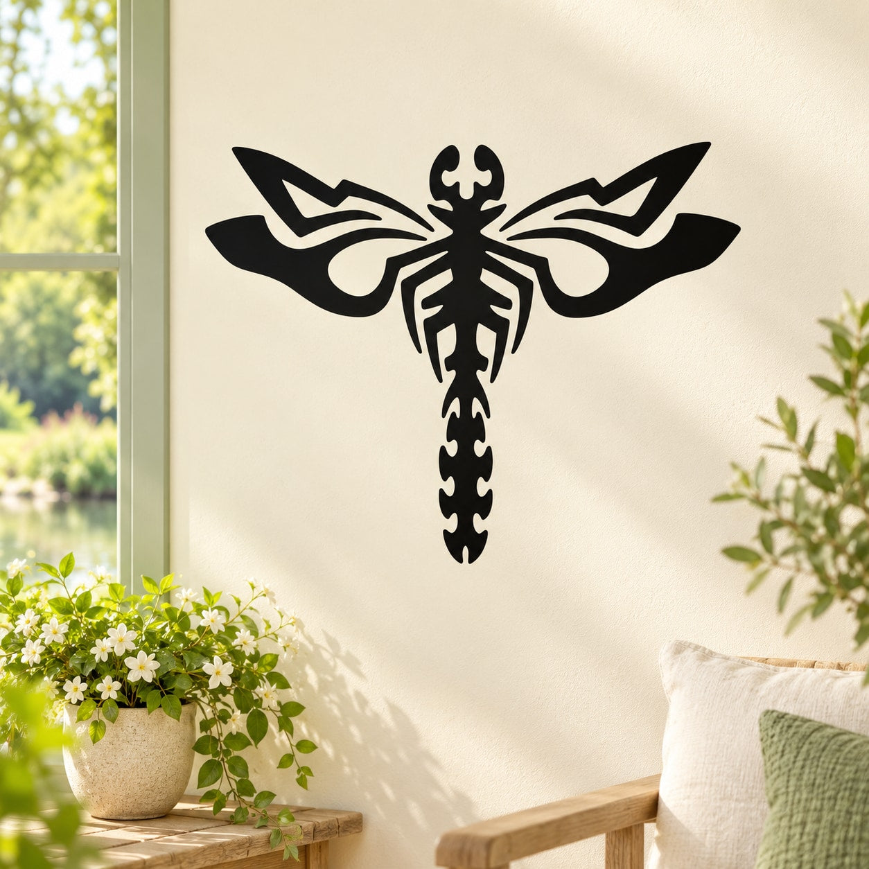 Ornate black dragonfly wall decal with detailed wings and long segmented body