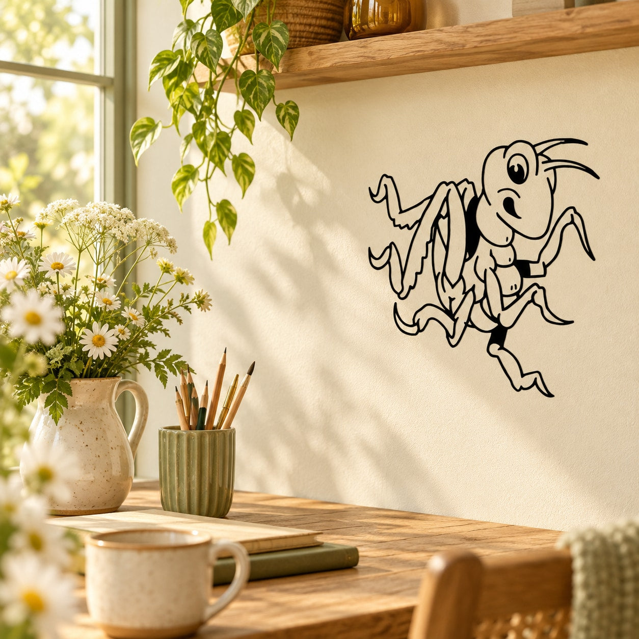 Outlined bee wall decal with bandaged wings and friendly cartoon face