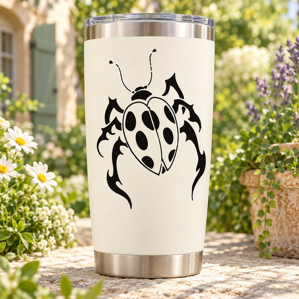Ladybug decal on white tumbler with silver lid and black-and-white ladybug graphic
