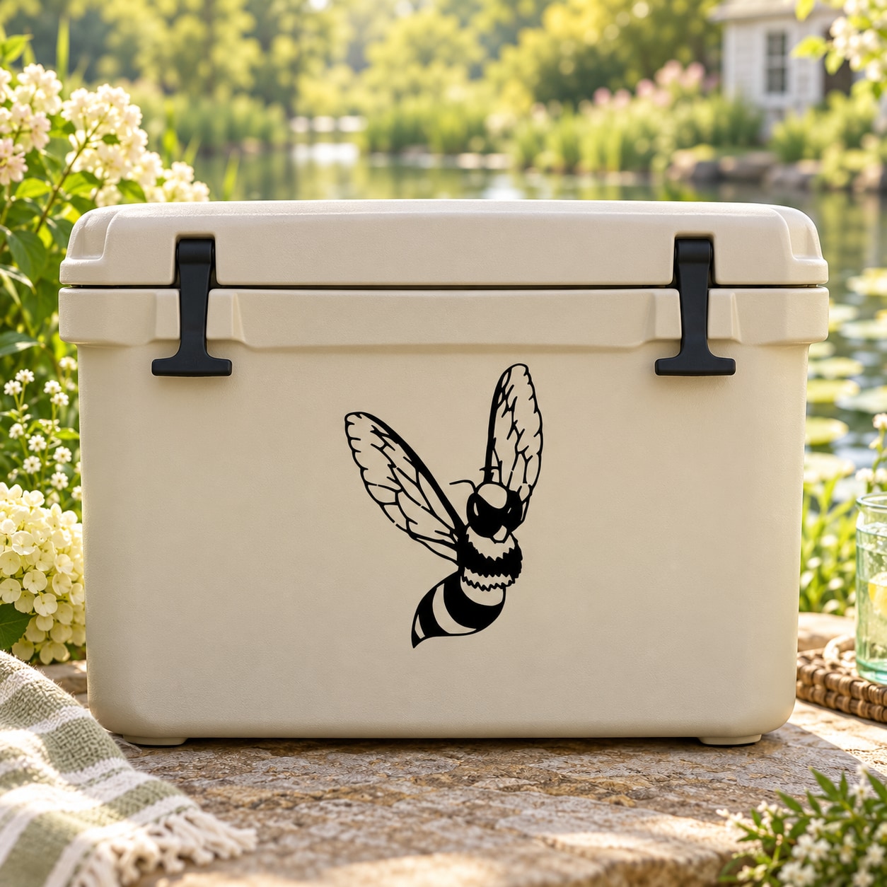Bee decal on cream cooler with black handles