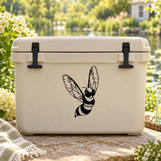 Bee decal on cream cooler with black handles