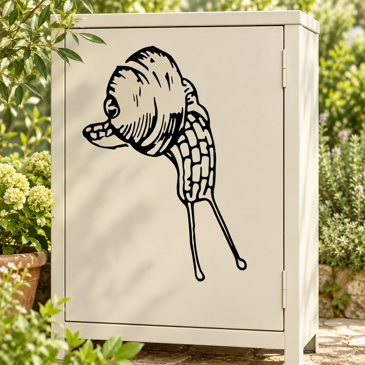 Garden snail decal with bold black line-art design on a pale surface