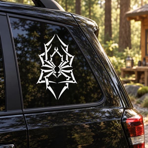 Geometric pointy spider decal with white spider emblem on dark car window