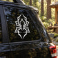 Geometric pointy spider decal with white spider emblem on dark car window