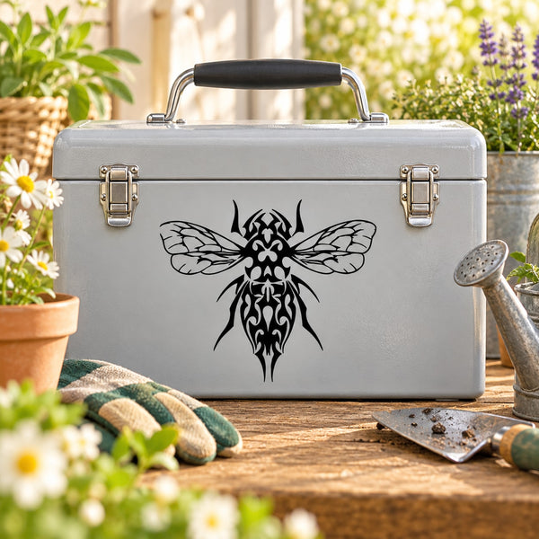 Ornate black bee and wings decal on a silver case