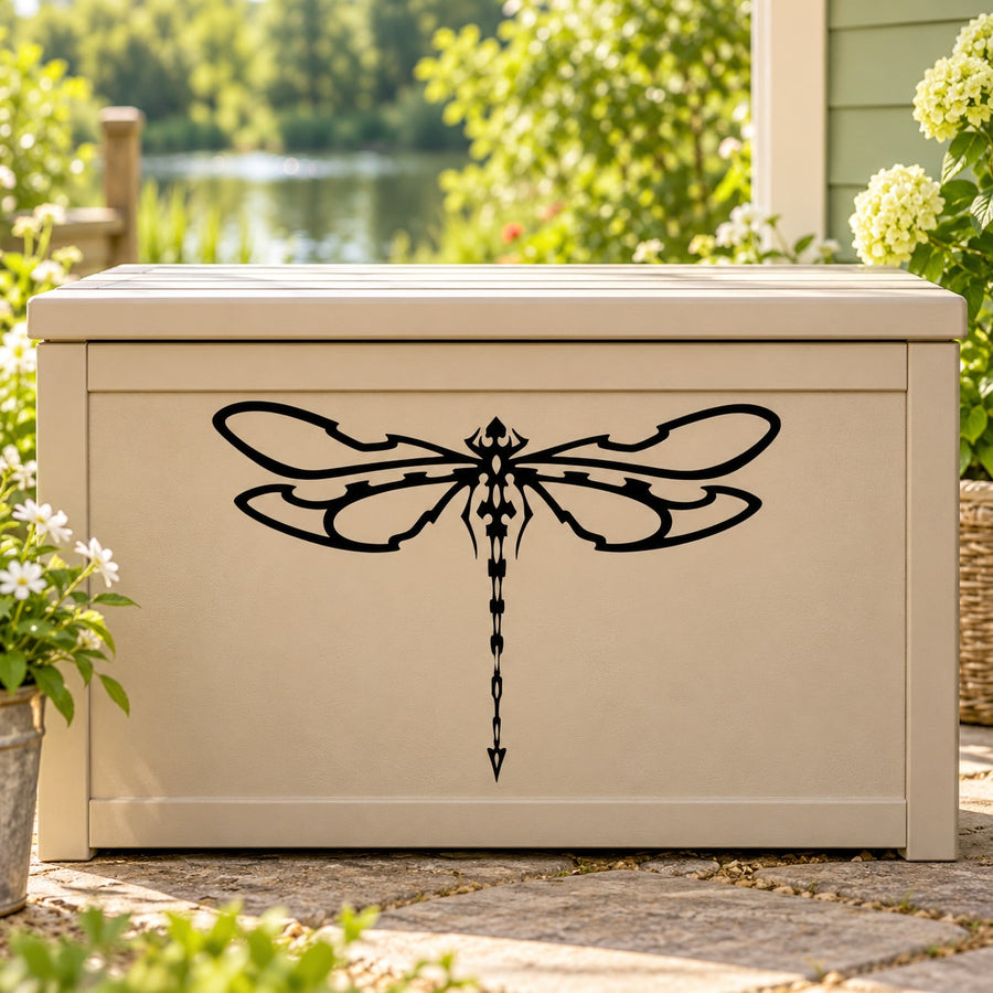 Black dragonfly decal with ornate wings and trailing body
