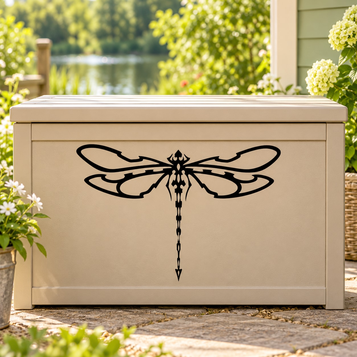 Black dragonfly decal with ornate wings and trailing body