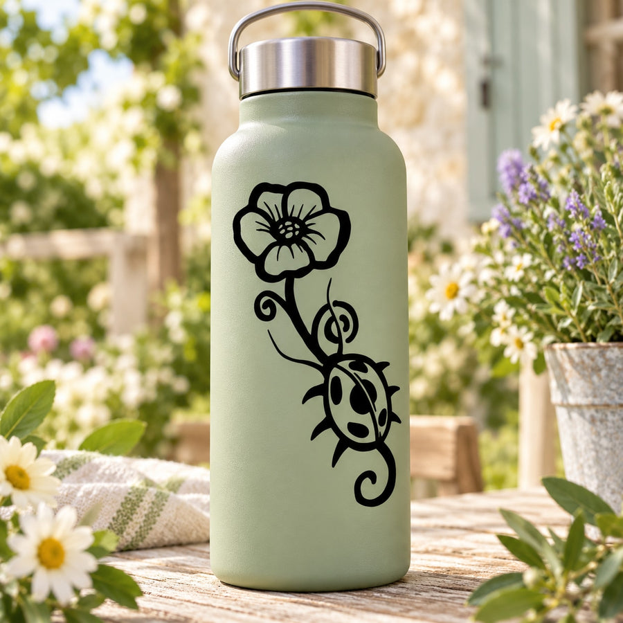 Light green water bottle with black ladybug and flower decal
