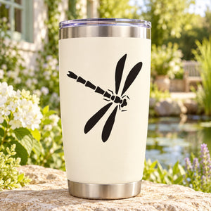 Stainless steel tumbler with black open-wing dragonfly decal