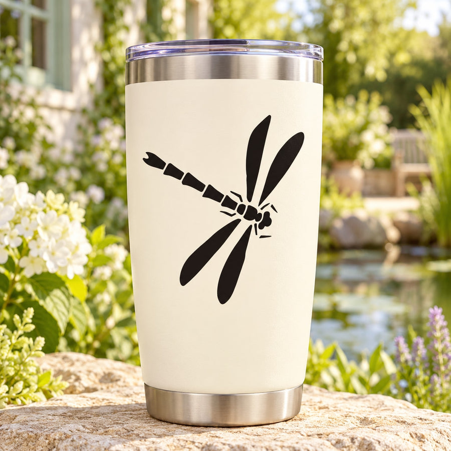 Stainless steel tumbler with black open-wing dragonfly decal