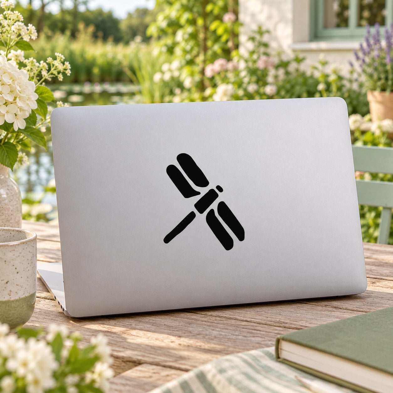 Simplified dragonfly decal sticker on gray laptop lid, black outlined design