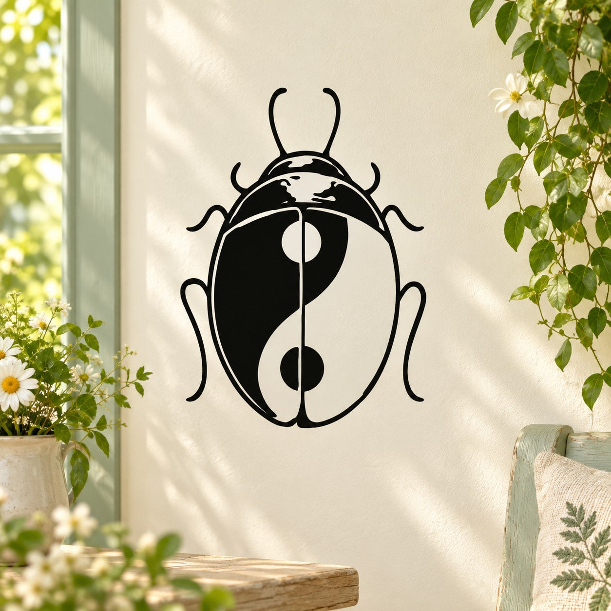 Ladybug yin yang back decal with black and white oval symbol on light surface