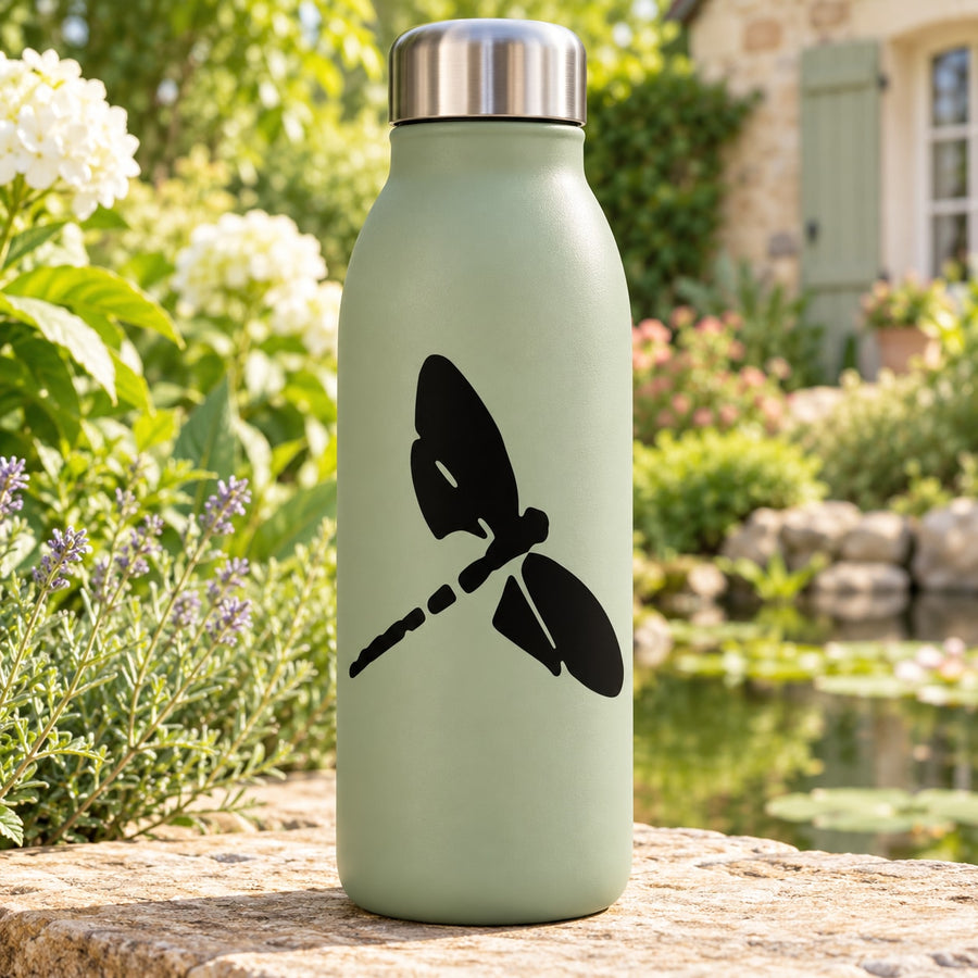 Light green bottle with black dragonfly rounded-wing decal and silver cap