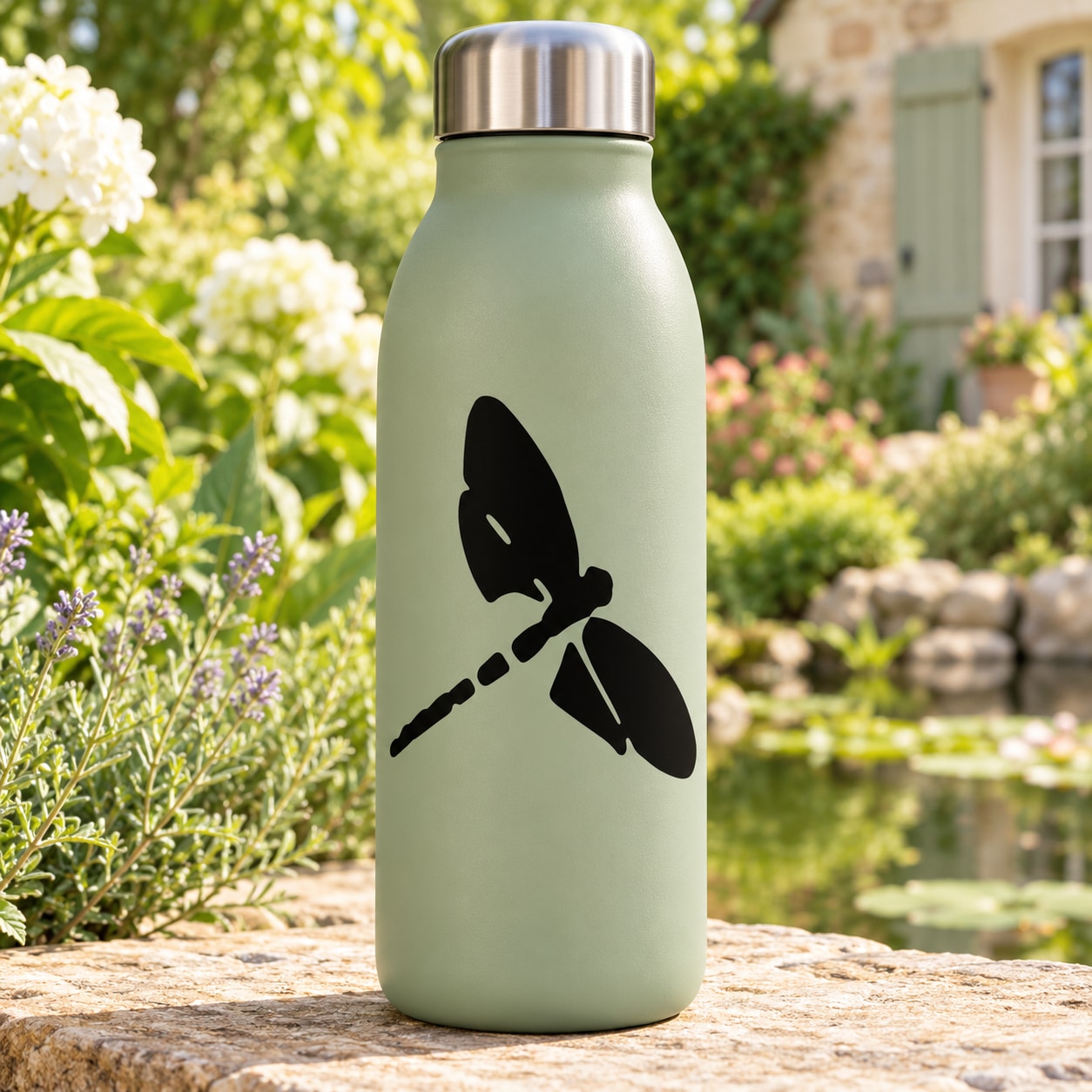 Light green bottle with black dragonfly rounded-wing decal and silver cap
