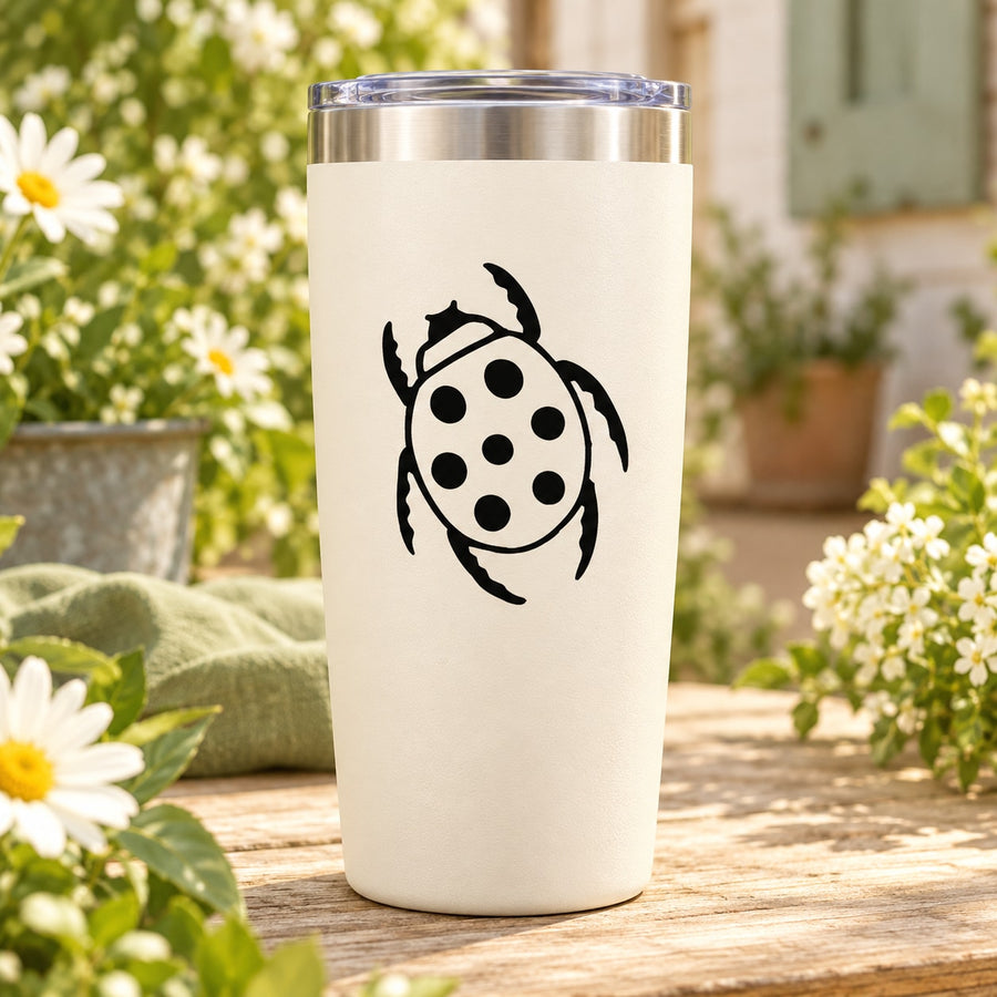 Ladybug legs-out decal on white travel tumbler, black bug with dotted spots