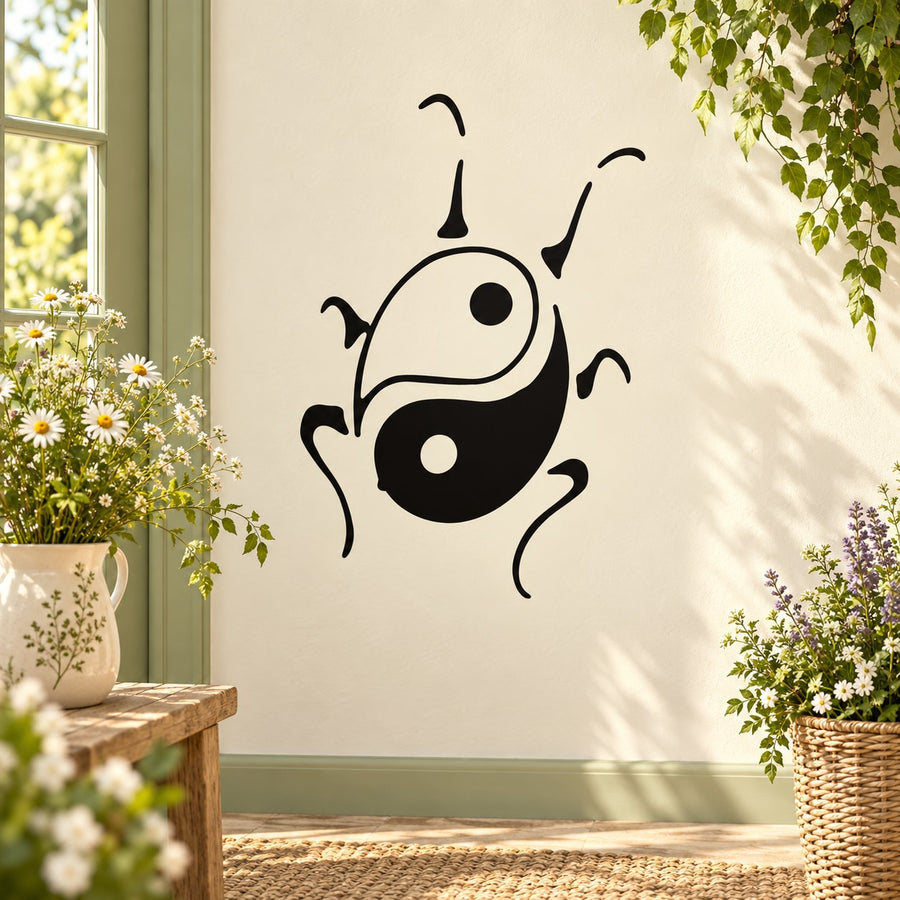 Ladybug yin-yang wall decal, black and white circular emblem on a light surface