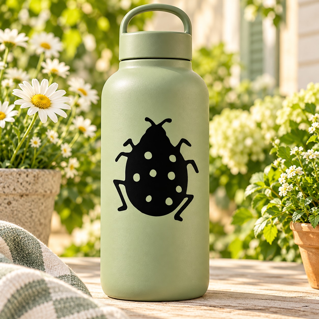Light green water bottle with black ladybug decal