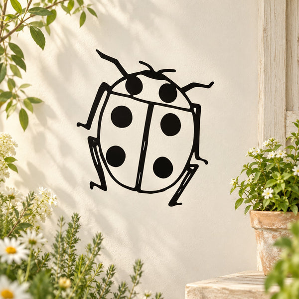 Sweet ladybug wall decal, black line art with dotted wings and spotted body