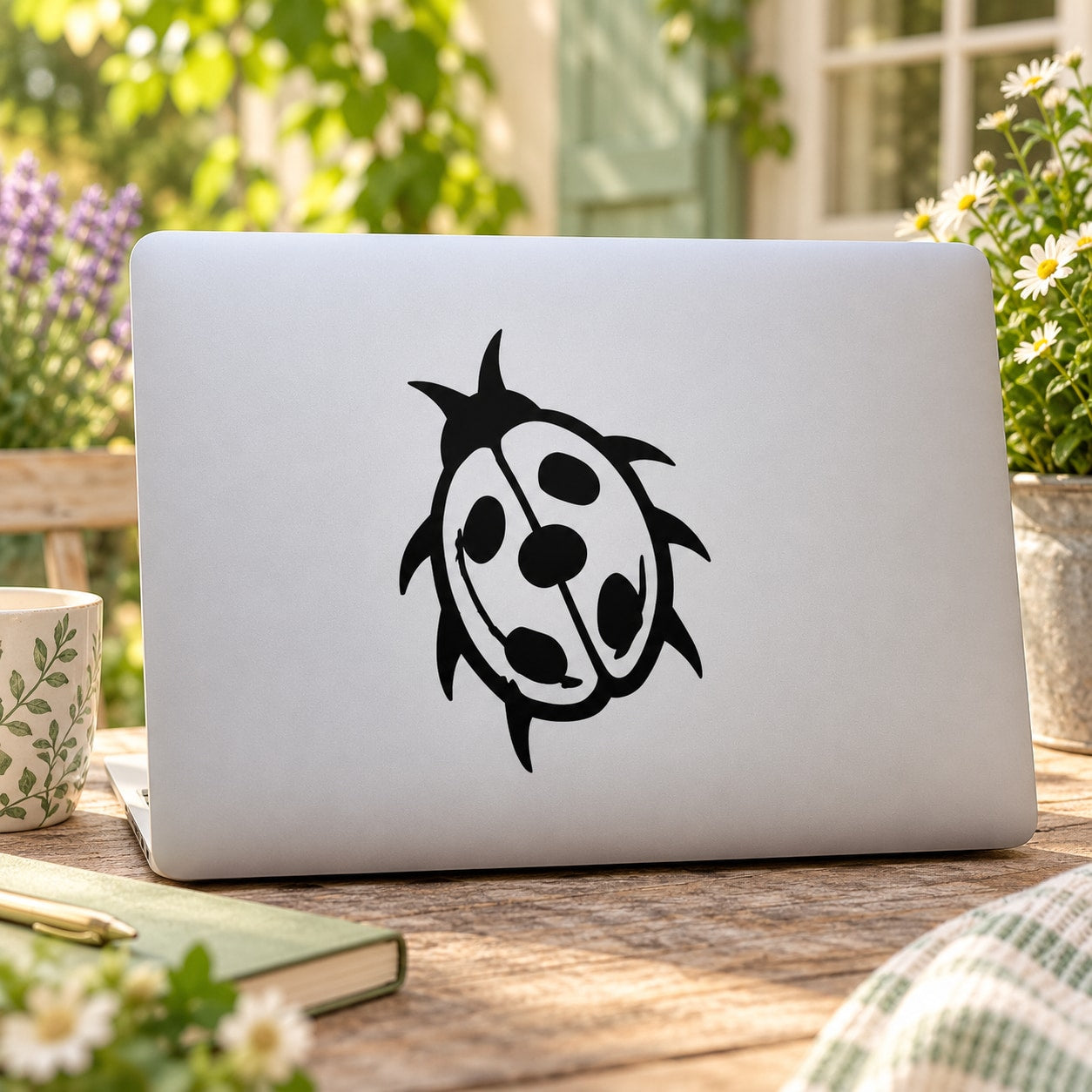 Black animal face decal sticker on light gray laptop lid