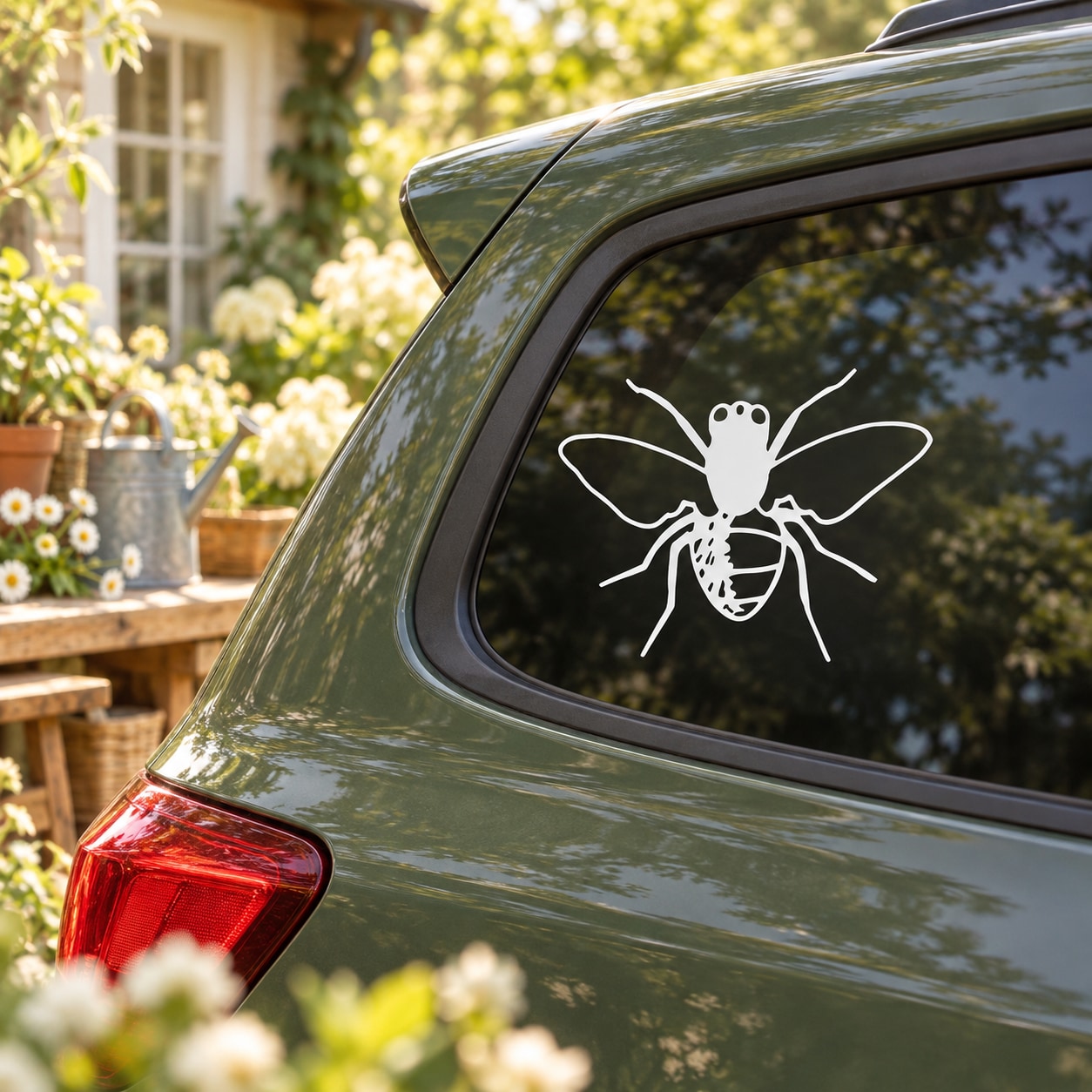 Bee decal sticker with white outline on a car rear window