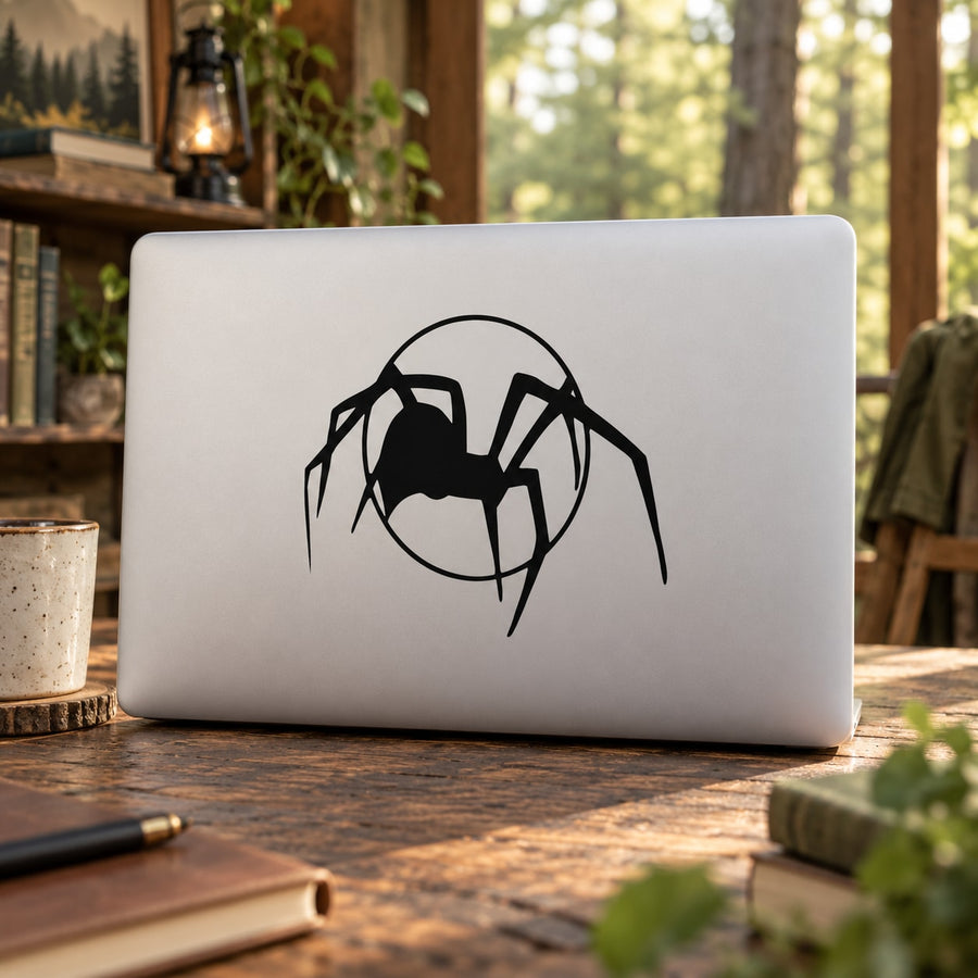 Spider and moon decal, black spider web graphic on light laptop lid
