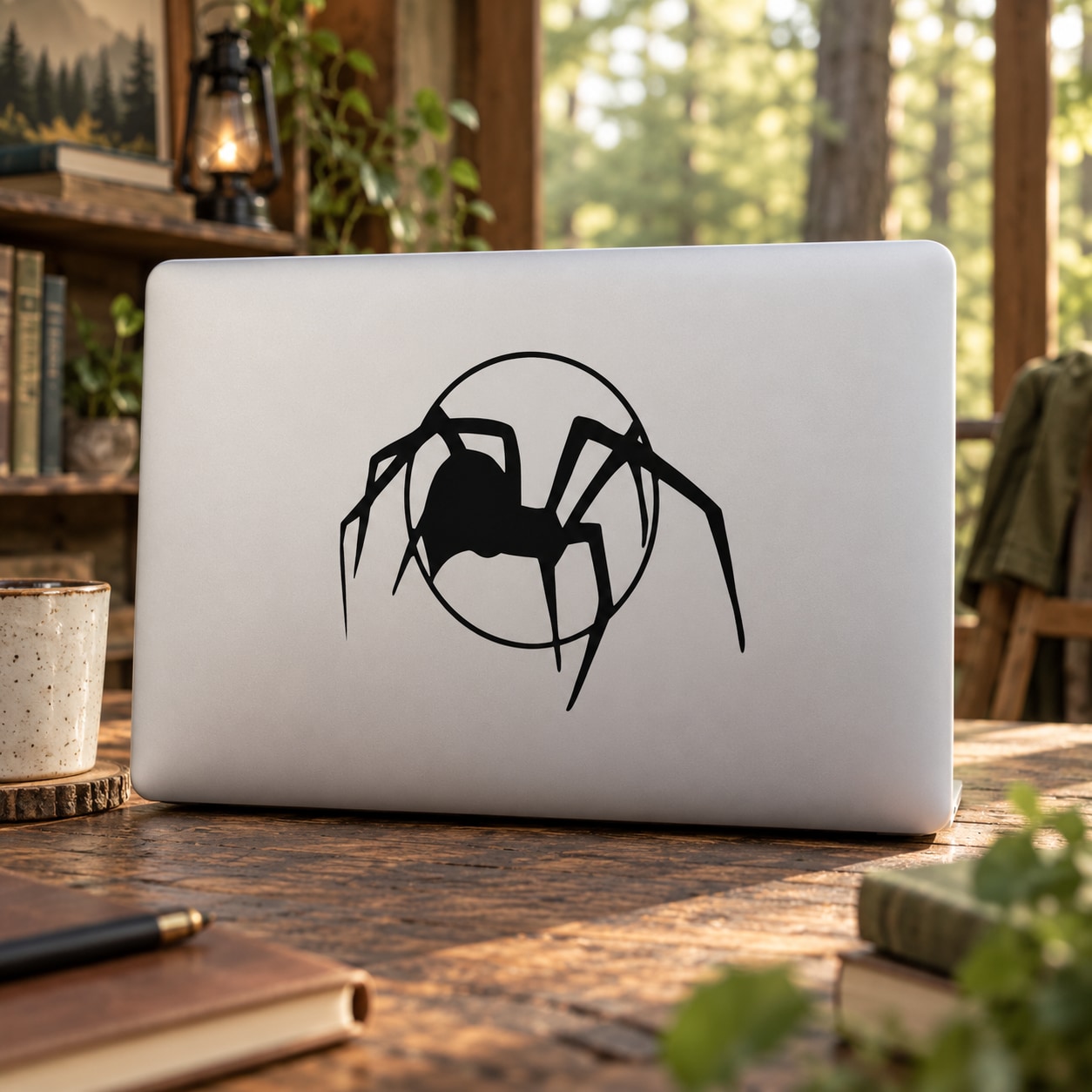 Spider and moon decal, black spider web graphic on light laptop lid